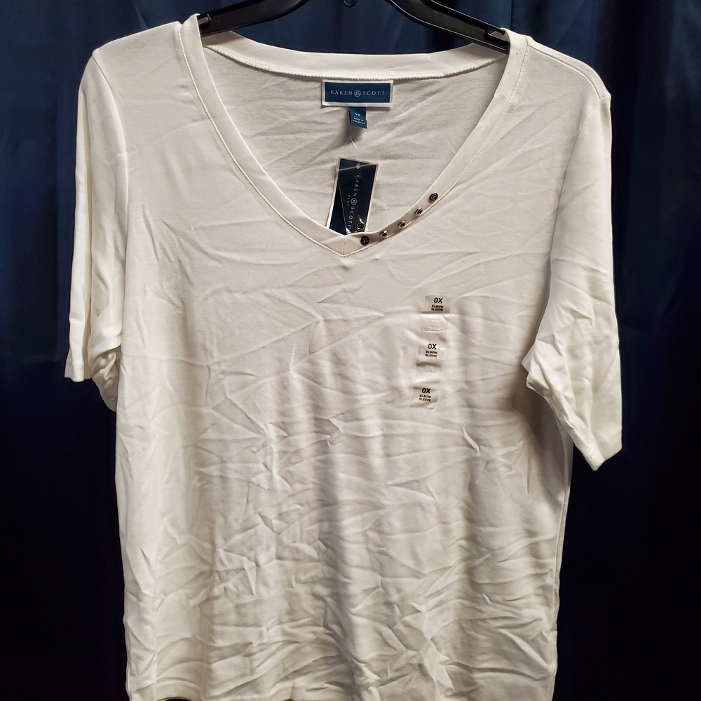 White V-Neck T-Shirt with Stud Detail
